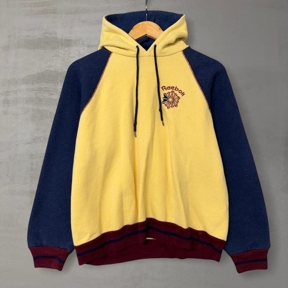 Vintage Reebok Two Tone 80s Hoodie Yellow Navy Blue Colorblock Made in USA Large